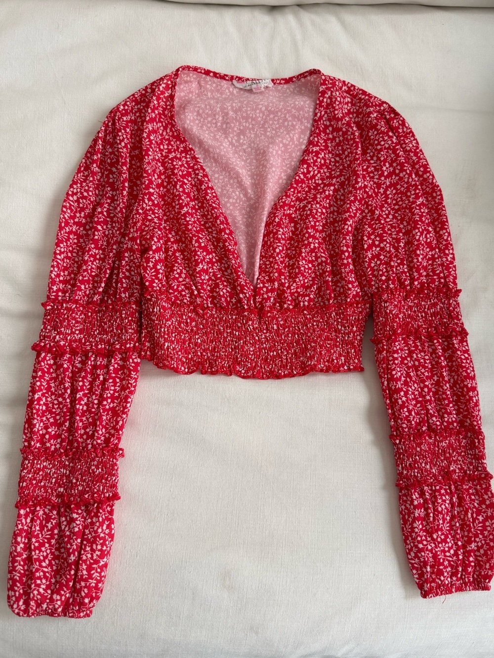 Cropped Red Floral V-Neck Smocked